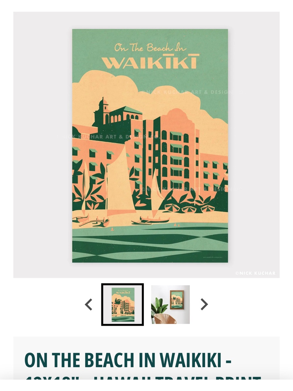 Nick Kuchar On The Beach in Waikiki Vintage-Style Green Art Print — FRAMED